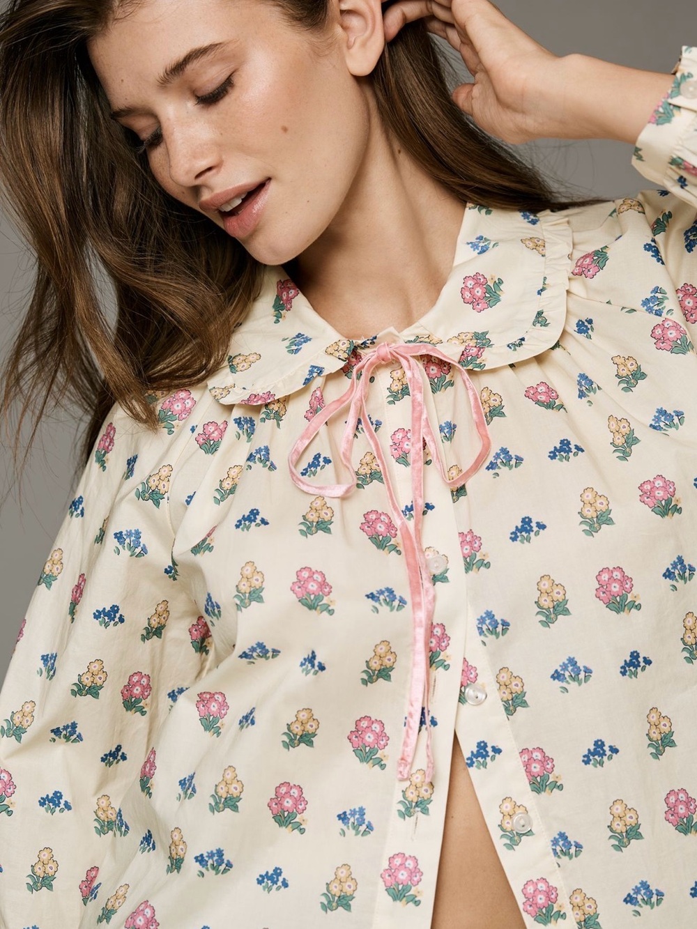 Lisa Says Gah Cream Floral Tie-Neck Blouse with Pink & Blue Accents